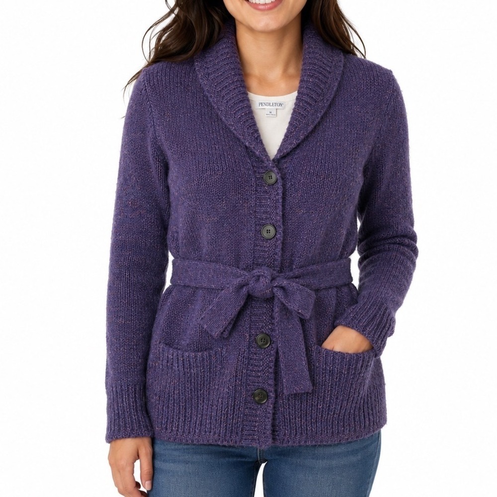 Pendleton Womens Purple Wool Mohair Blend Belted Shawl Collar Cardigan Sweater M
